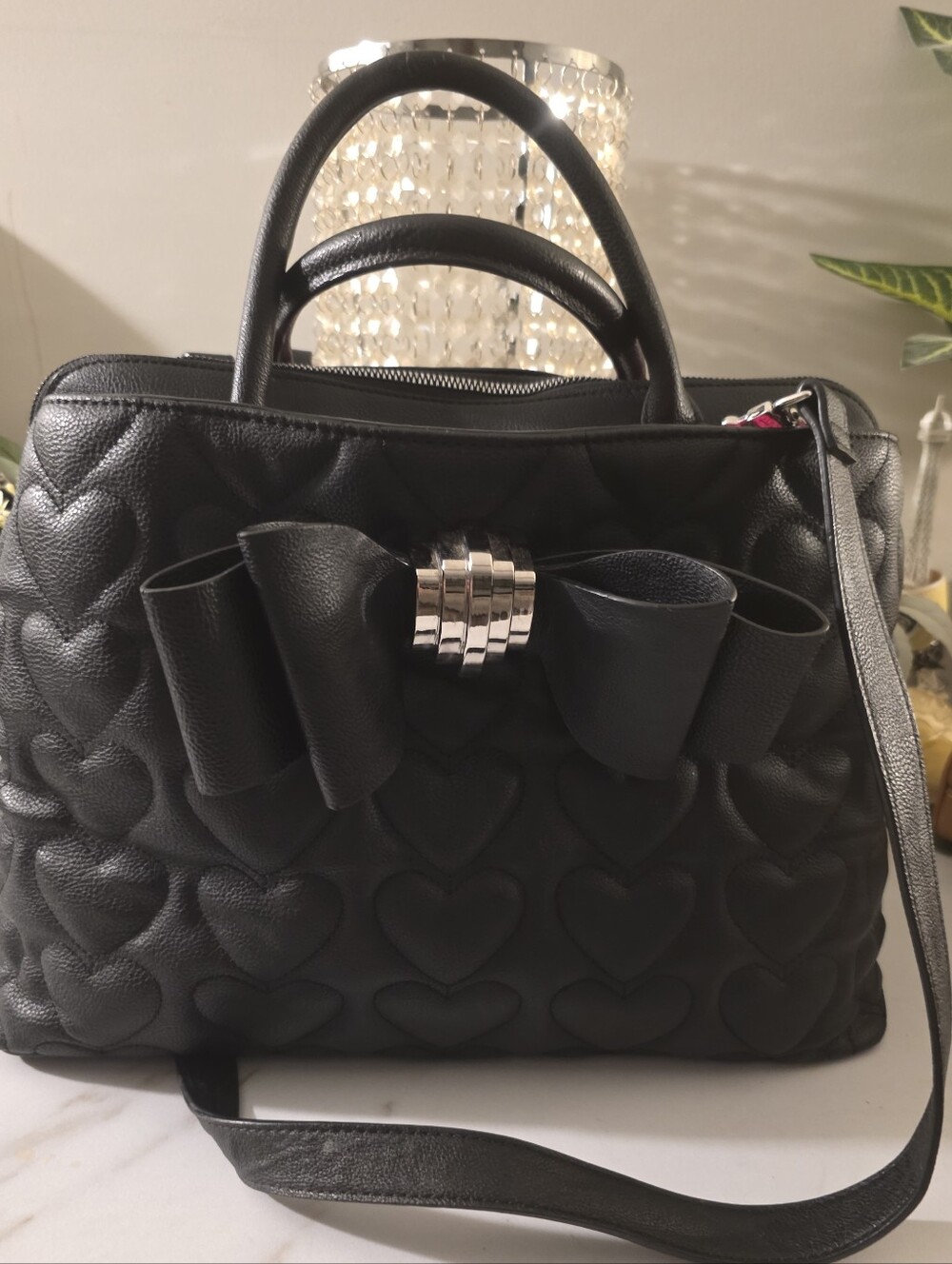 Betsey Johnson Black Quilted Heart Satchel with Bow Accent